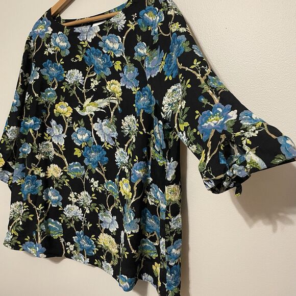 J. Jill Chinoiserie Floral Tunic Blouse 2X Crepe Asian Inspired Black Bow Sleeve - Picture 3 of 12